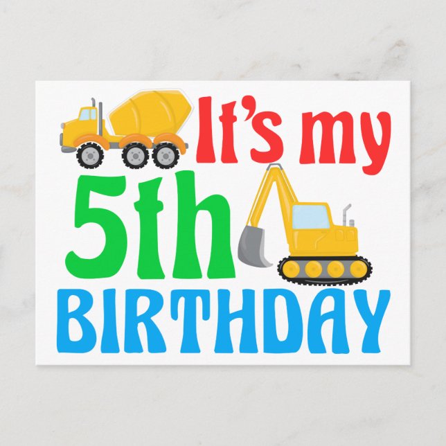 Kinder 5th Birthday Boy Construction Vehicle Postkarte (Vorderseite)