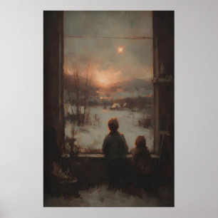 Kinder am Fenster mit Sonnenuntergang, rustikales Poster