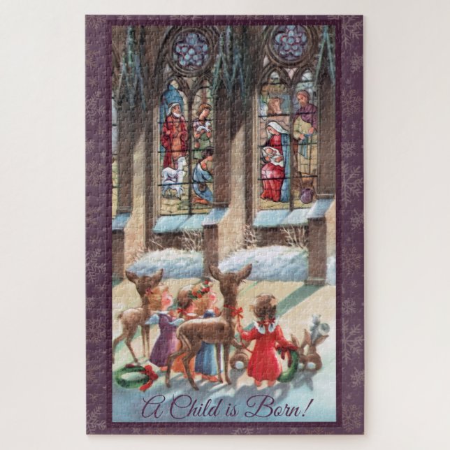 Kinder am Kirchenfenster Weihnachten  Puzzle (Vertikal)