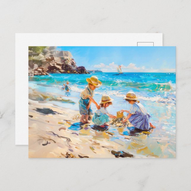 Kinder am Strand - Impressionistische Kunst Postkarte (Vorne/Hinten)