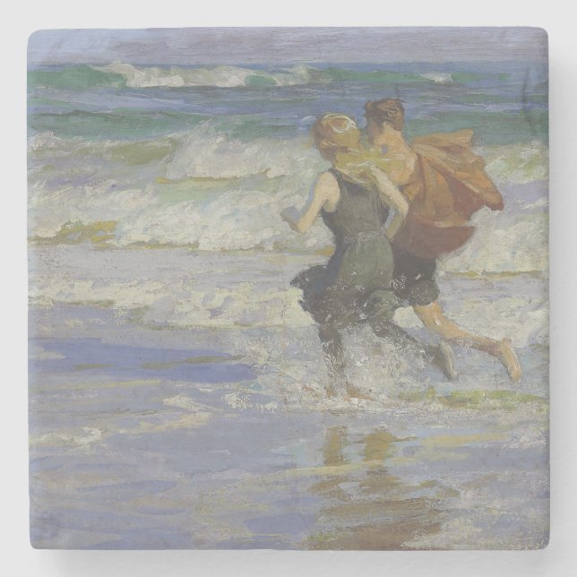 Kinder am Strand (von Edward Henry Potthast) Steinuntersetzer (Vorderseite)