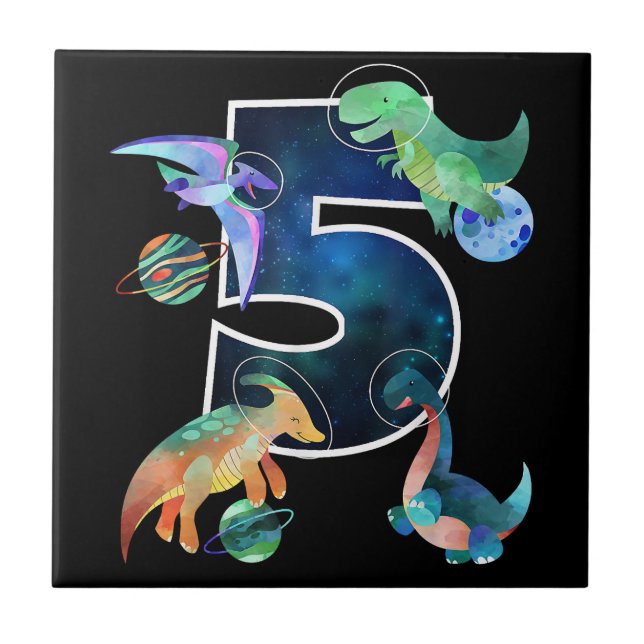 Kinder Astronaut Weltraumdinosaurier 5. Geburtstag Fliese (Vorderseite)