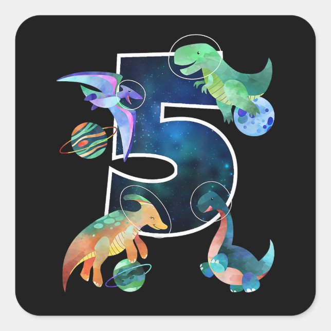 Kinder Astronaut Weltraumdinosaurier 5. Geburtstag Quadratischer Aufkleber (Vorderseite)