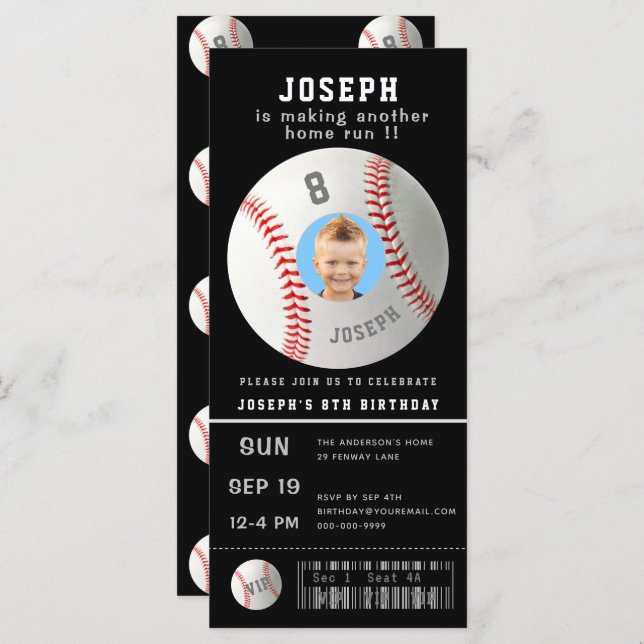 Kinder Baseball Custom Foto Sport Ticket Einladung (Vorne/Hinten)