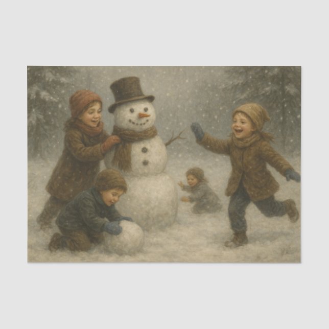 Kinder bauen einen Schneemann Seidenpapier (Vorderseite)
