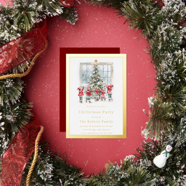 Kinder & Bäume Gold Foil Weihnachtsfest Party Folieneinladung (Insitu)