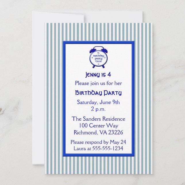 Kinder Blaue und weiße Streifen Niedliche Uhr Gebu Einladung (Vorderseite)