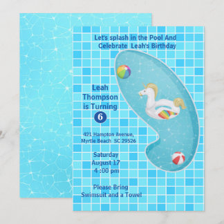 Kinder Blue Pool Party Einhorn Geburtstag Einladun Einladung