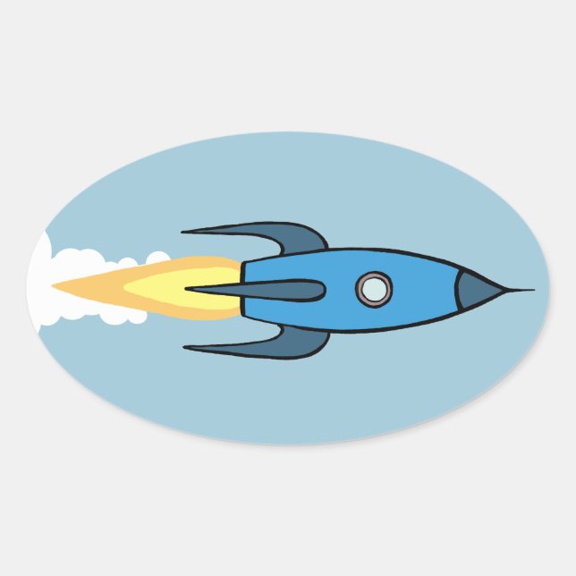 Kinder Blue Rocket Ship Weltraumjunge Niedlich mod Ovaler Aufkleber (Vorderseite)
