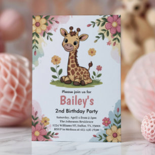 Kinder Blumen-Giraffe Dschungel 2. Geburtstagsfeie Einladung