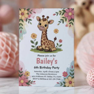 Kinder-Blumen-Giraffe-Dschungel-6. Geburtstagsfeie Einladung