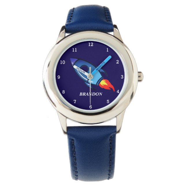 Kinder Boys Rocket Space Blue Astronaut Name Armbanduhr (Vorderseite)