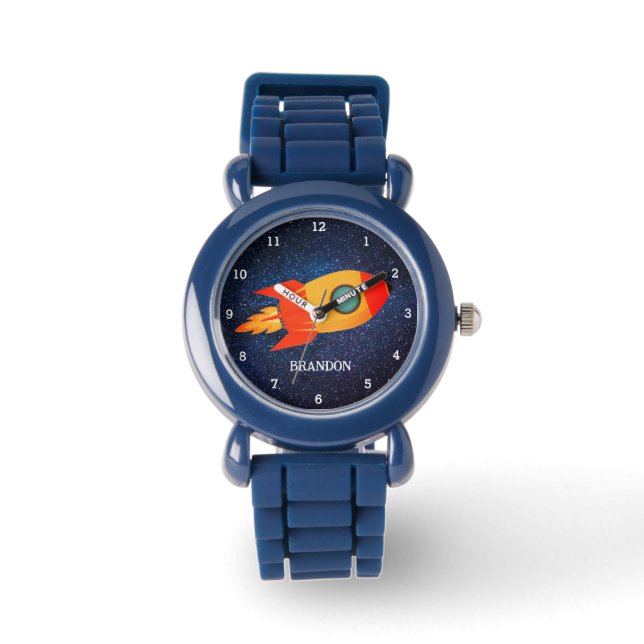 Kinder Boys Rocket Space Blue Astronaut Name Armbanduhr (Vorderseite)