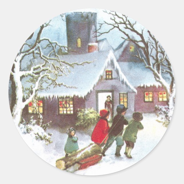 Kinder bringen Zuhause Weihnachten Log Weihnachten Runder Aufkleber (Vorderseite)
