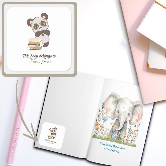 Kinder Buchzeichen Lesen Buch Lover Quadratischer Aufkleber (Reading Collection Bookplate Panda)