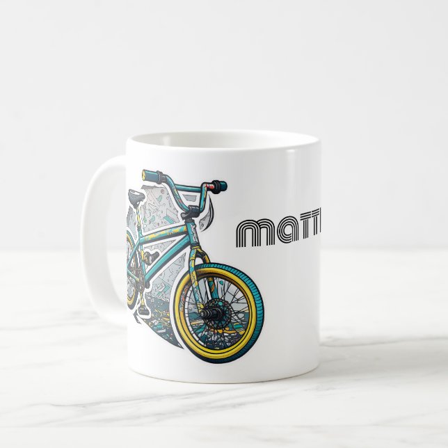 Kinder Cartoon Bike BMX. Abenteuerjunge Kaffeetasse (Vorderseite Links)