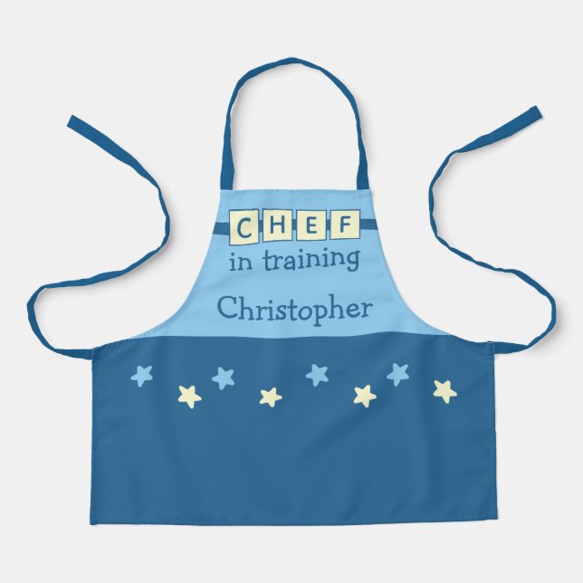 Kinder Chef Name Sterne blau gelb Schürze (Vorderseite)