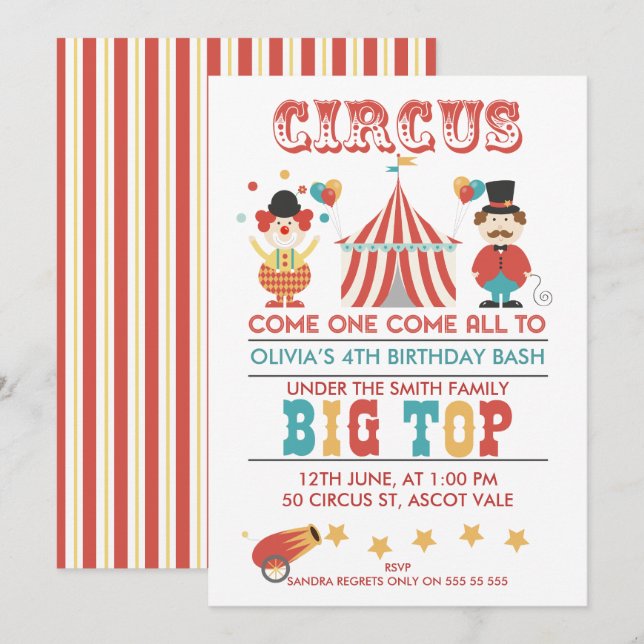 Kinder Circus Geburtstagsparty Einladung (Vorne/Hinten)