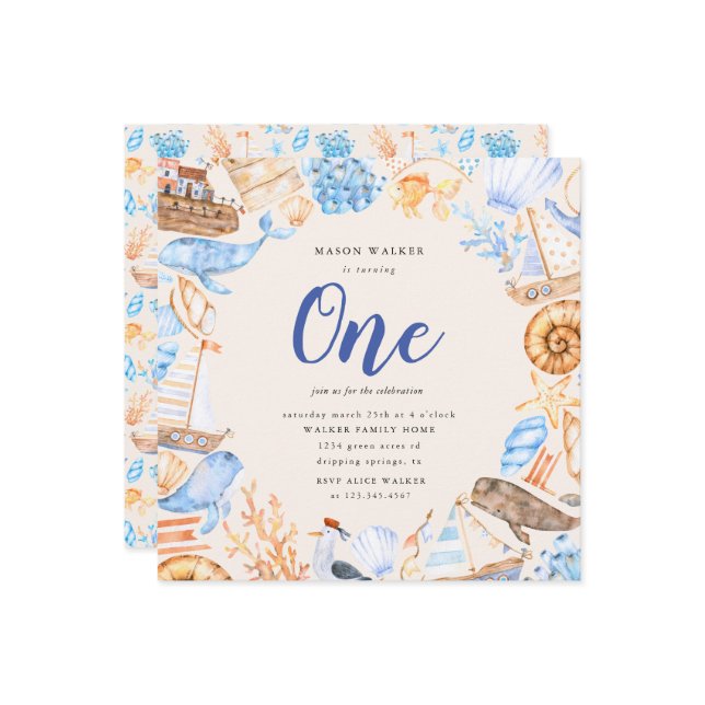 Kinder des Wasserstrands zum ersten Geburtstag Einladung (Vorderseite/Rückseite Beispiel)