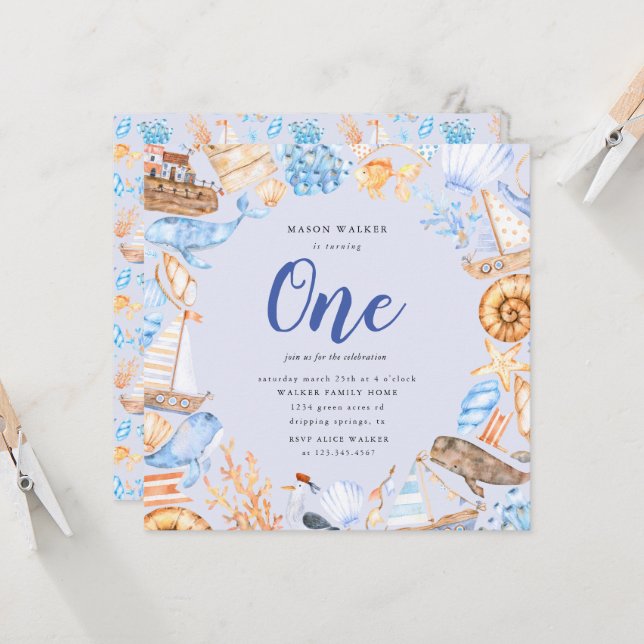 Kinder des Wasserstrands zum ersten Geburtstag Einladung (Vorderseite/Rückseite Beispiel)