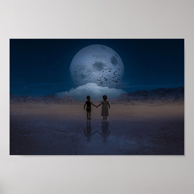 Kinder, die am Mond Händen halten Poster (Vorne)