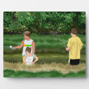 Kinder, die am Teich vor Ort fischen Fotoplatte