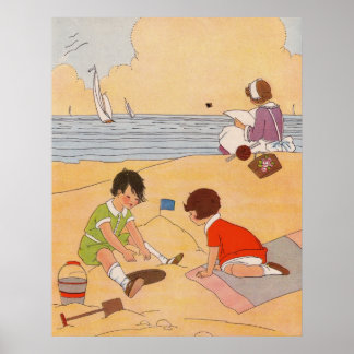 Kinder, die auf dem Strandposter spielen Poster