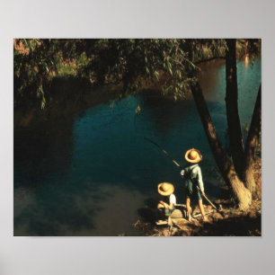 Kinder, die auf den Bayou Vintag fischen Poster