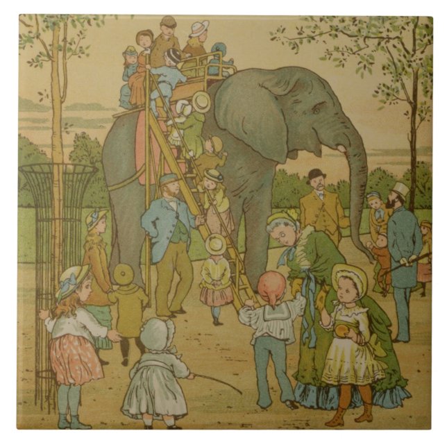 Kinder, die auf den Elefanten (litho, fahren) Fliese (Vorderseite)