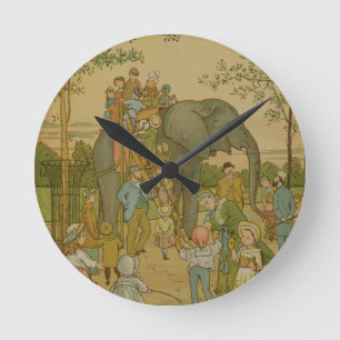 Kinder, die auf den Elefanten (litho, fahren) Runde Wanduhr