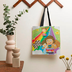 Kinder, die auf einem Rainbow Tote Bag reiten