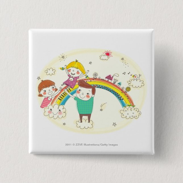 Kinder, die auf Regenbogen spielen Button (Vorderseite)
