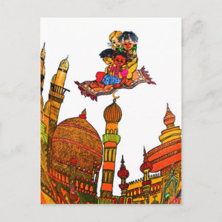 Kinder, die auf zauberhaftem Teppich über Minarett Postkarte
