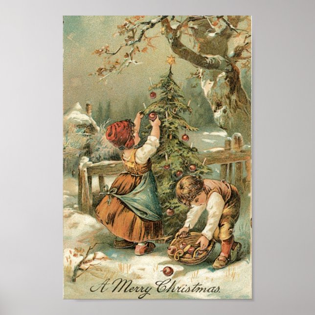 Kinder, die außerhalb des Weihnachtsbaumes schmück Poster (Vorne)