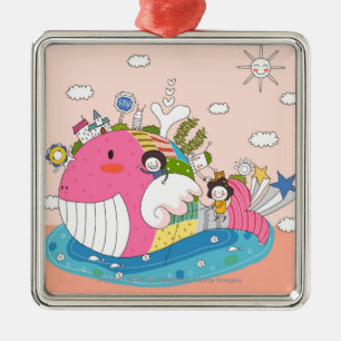 Kinder, die durch Fische im Teich spielen Ornament Aus Metall