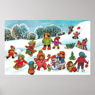 Kinder, die im Schnee spielen Poster
