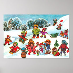 Kinder, die im Schnee spielen Poster