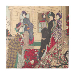 Kinder, die im Schnee unter Pflaumen-Bäumen Fliese