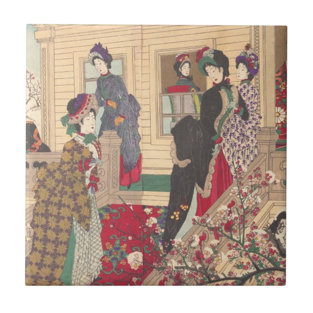 Kinder, die im Schnee unter Pflaumen-Bäumen Fliese (Vorderseite)