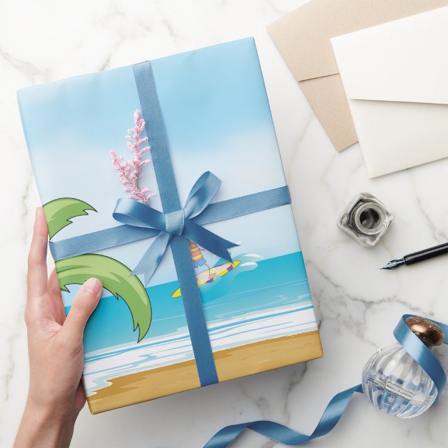 Kinder, die im Sommer im tropischen Beach Fun surf Geschenkpapier (Von Creator hochgeladen)