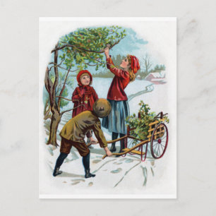 Kinder, die im Winter Holly einsammeln Postkarte