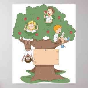 Kinder, die in einem Apfelbaum spielen Poster