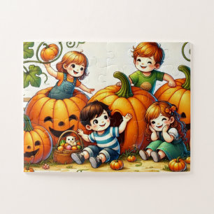Kinder, die in einem Pumpkinpflaster spielen Puzzle