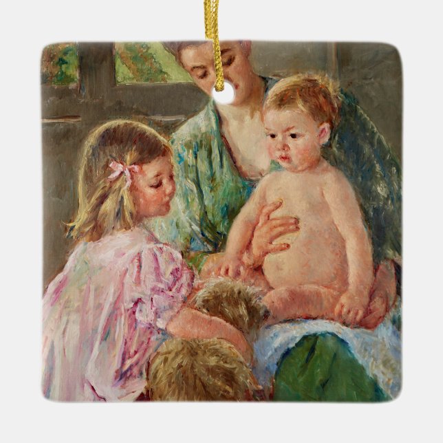Kinder, die mit einem Hund von Mary Cassatt spiele Keramikornament (Vorderseite)