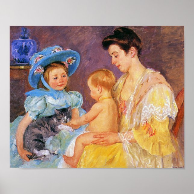 Kinder, die mit einer Katze spielen, Mary Cassatt Poster (Vorne)