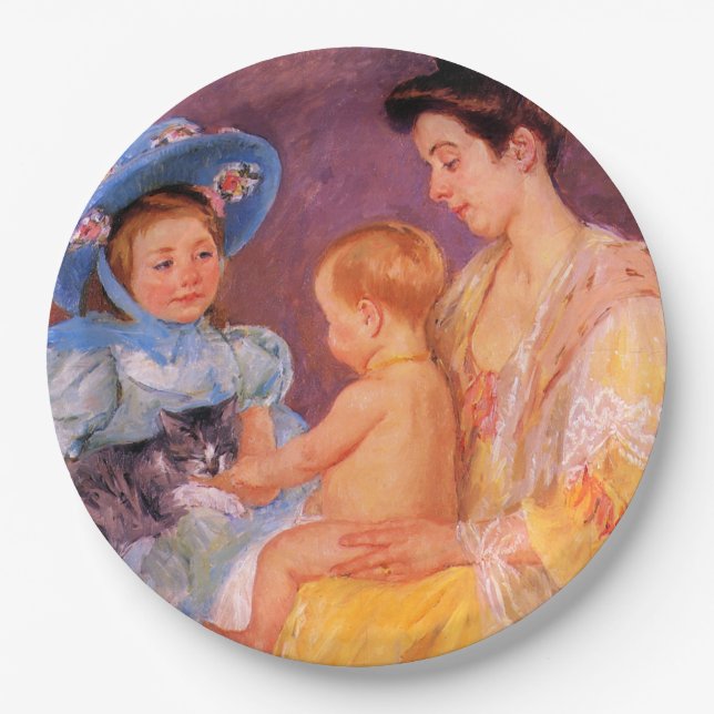 Kinder, die mit einer Katze spielen (von Mary Cass Pappteller (Vorderseite)