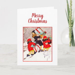 Kinder, die mit Weihnachtsgeschenken in Sno kämpfe Karte