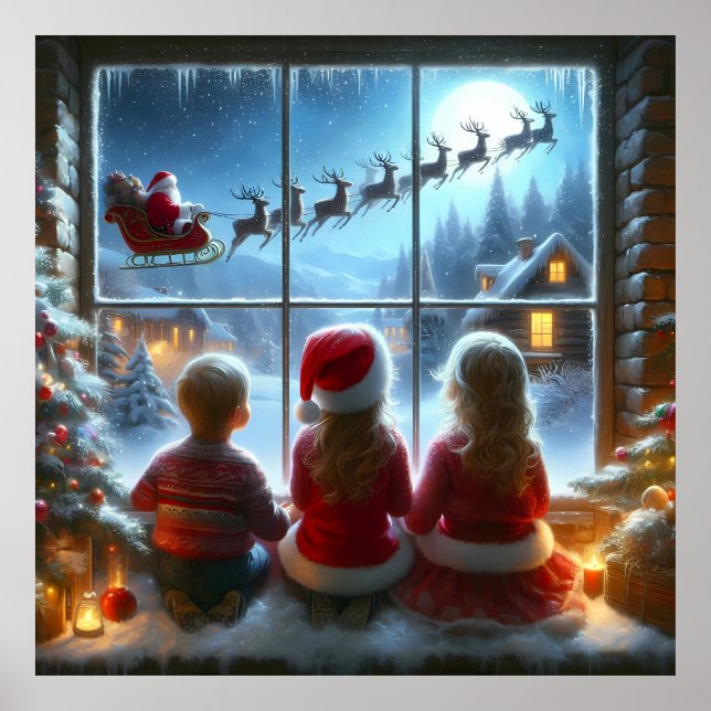 Kinder, die Santa per Fenster Poster sehen (Vorne)