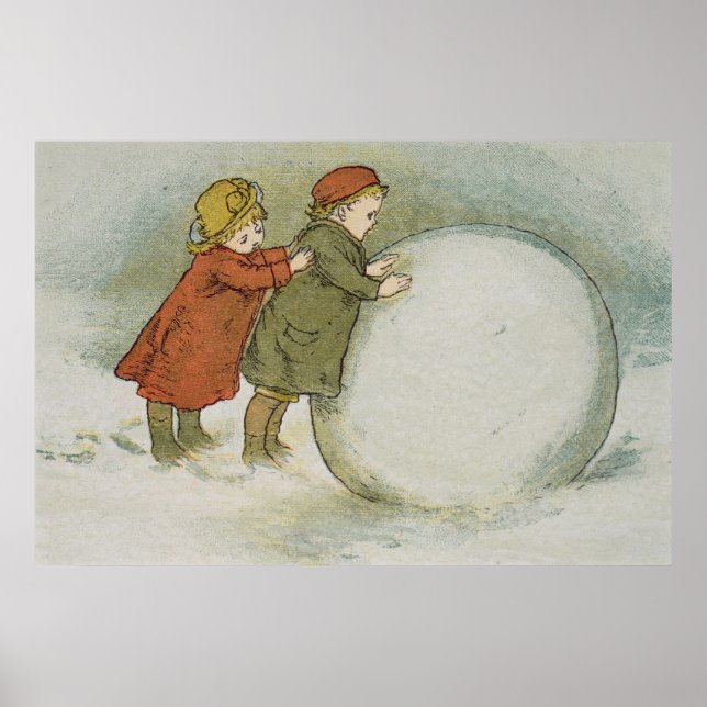 Kinder, die Schneebälle rollen Poster (Vorne)