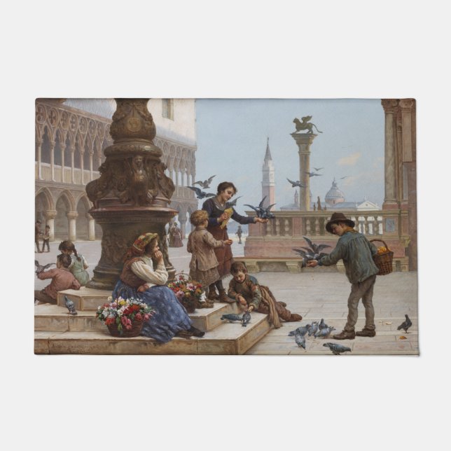 Kinder, die Tauben in Venedig Gefüttert haben (von Fußmatte (Vorderseite)